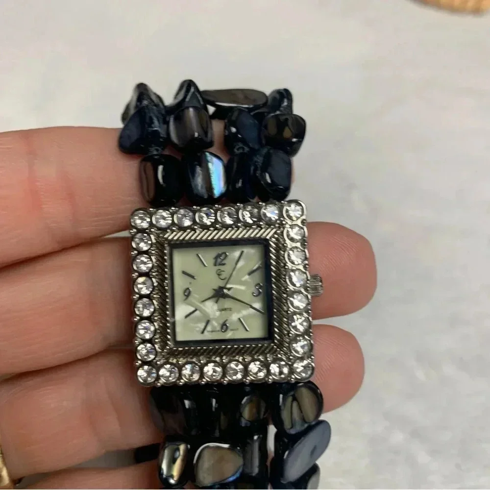 Women’s stretchy watch bracelet dark blues stones and square face